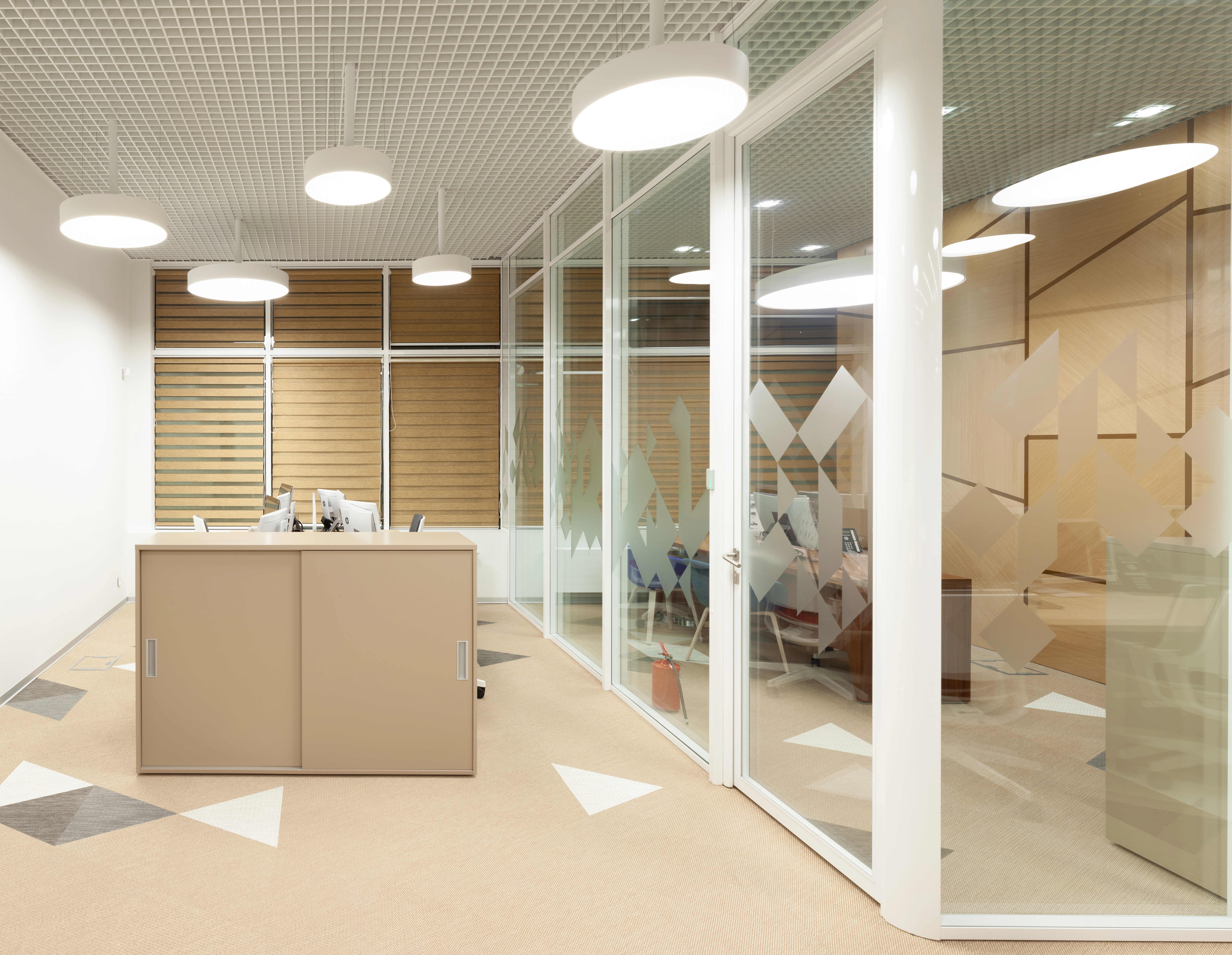 Partition walls | glass framed partitions in modern office, with wooden shutters and walls.