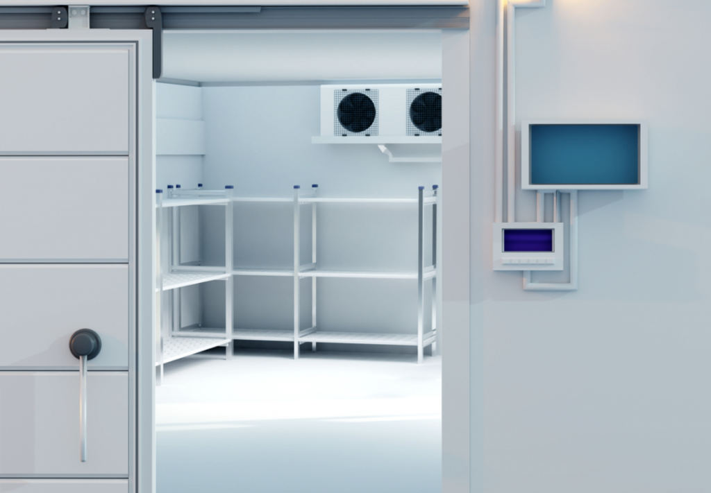 Freezer rooms | Looking into a freezer room with air condition unit and temperature controls on the door